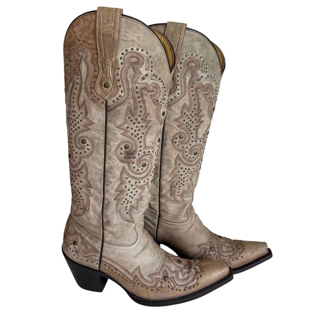 Corral Cream/Tan Tall Studded Western Boots G1032 Snip Toe Women Size 8M
